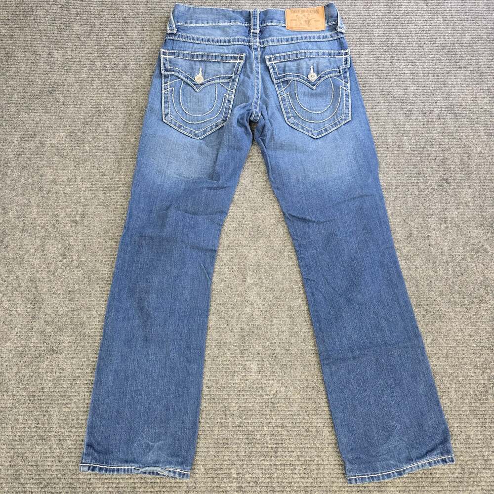 True Religion Straight Flap Jeans Mens 29x30 Blue Big T White Stitch